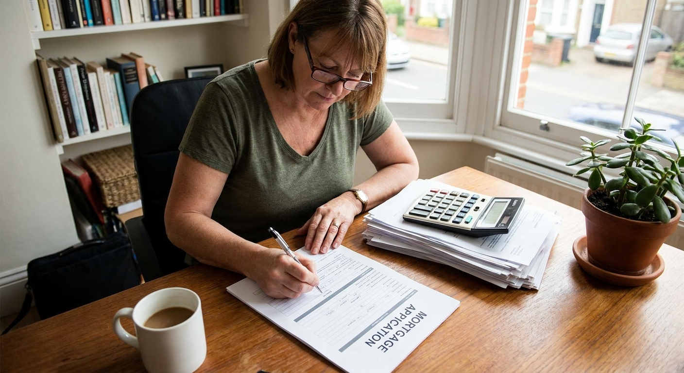 A person signing mortgage application paperwork at a desk with a calculator and a stack of documents, realistic indoor photography