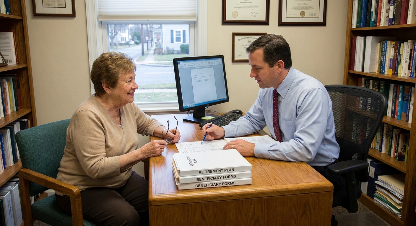 A person sitting across from a financial advisor at a desk in a small office, reviewing retirement account paperwork
