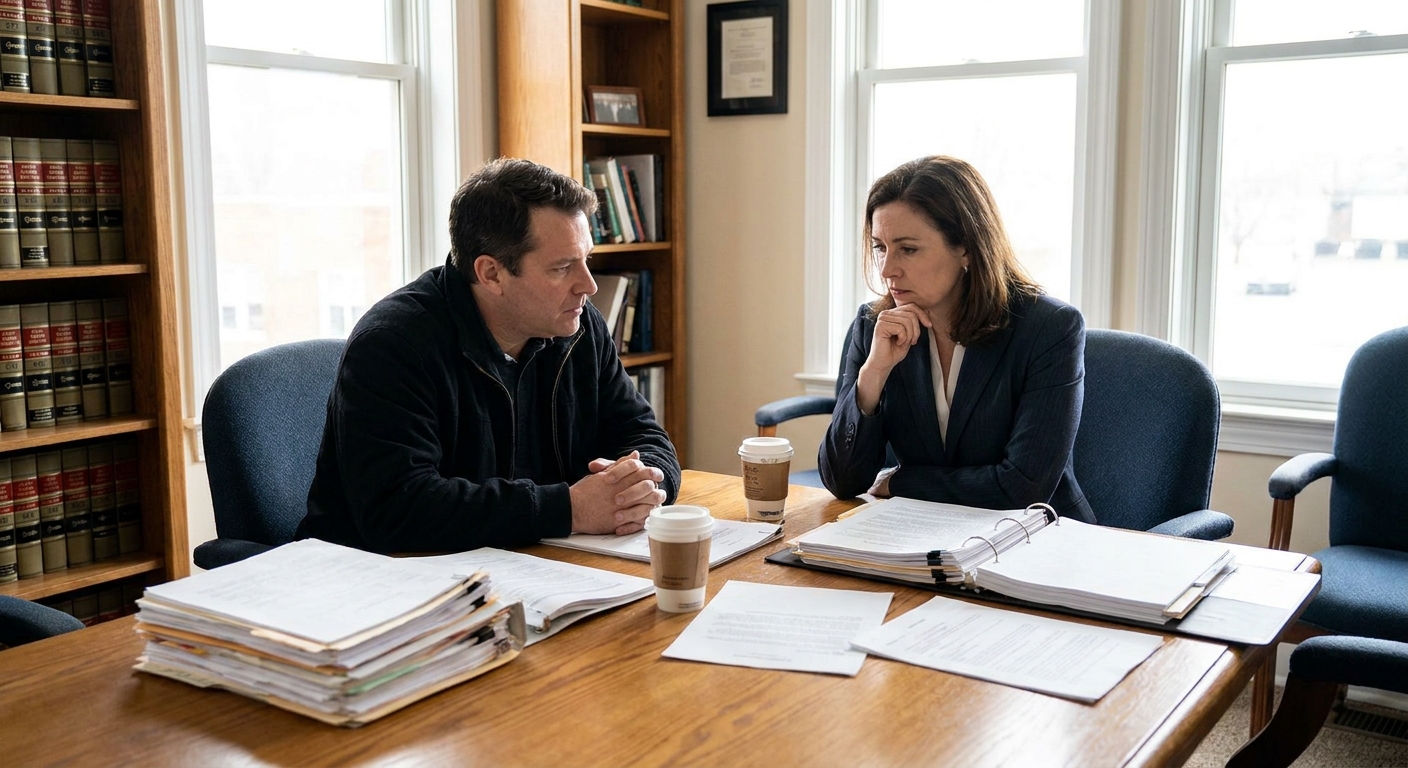 A person sitting across from an attorney in an office with papers on a table during a serious conversation, realistic photography style