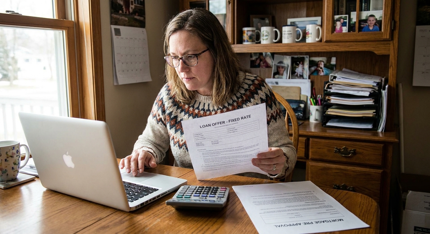A person sitting at a desk at home using a laptop and calculator while reviewing printed loan offers, realistic photography