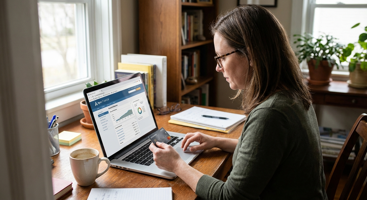 A person sitting at a desk at home with a laptop open to an online banking page while holding a debit card, realistic photo