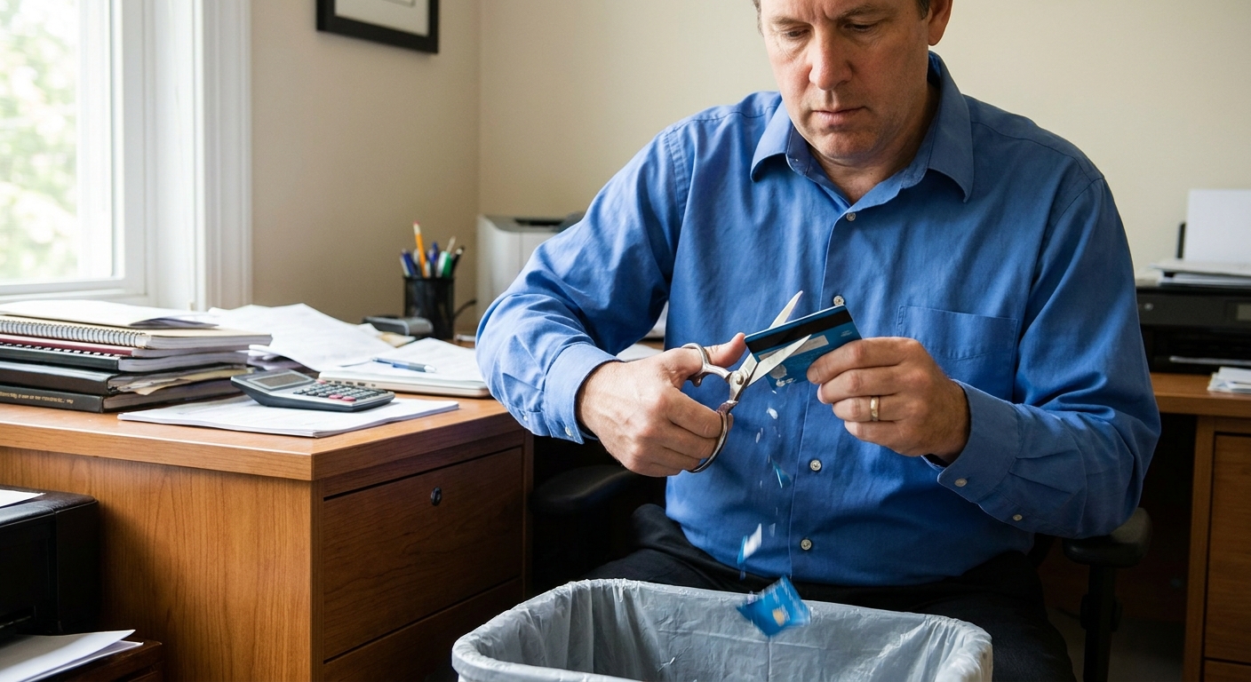 A person sitting at a desk holding scissors and cutting a credit card in half, realistic photograph