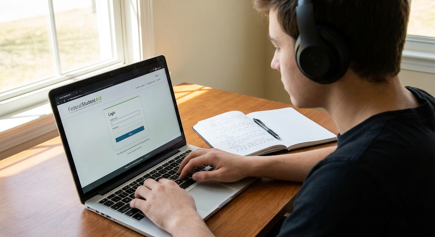 A person sitting at a desk logging into a federal student aid account on a laptop, with a notebook and pen nearby, natural indoor lighting, real photograph style