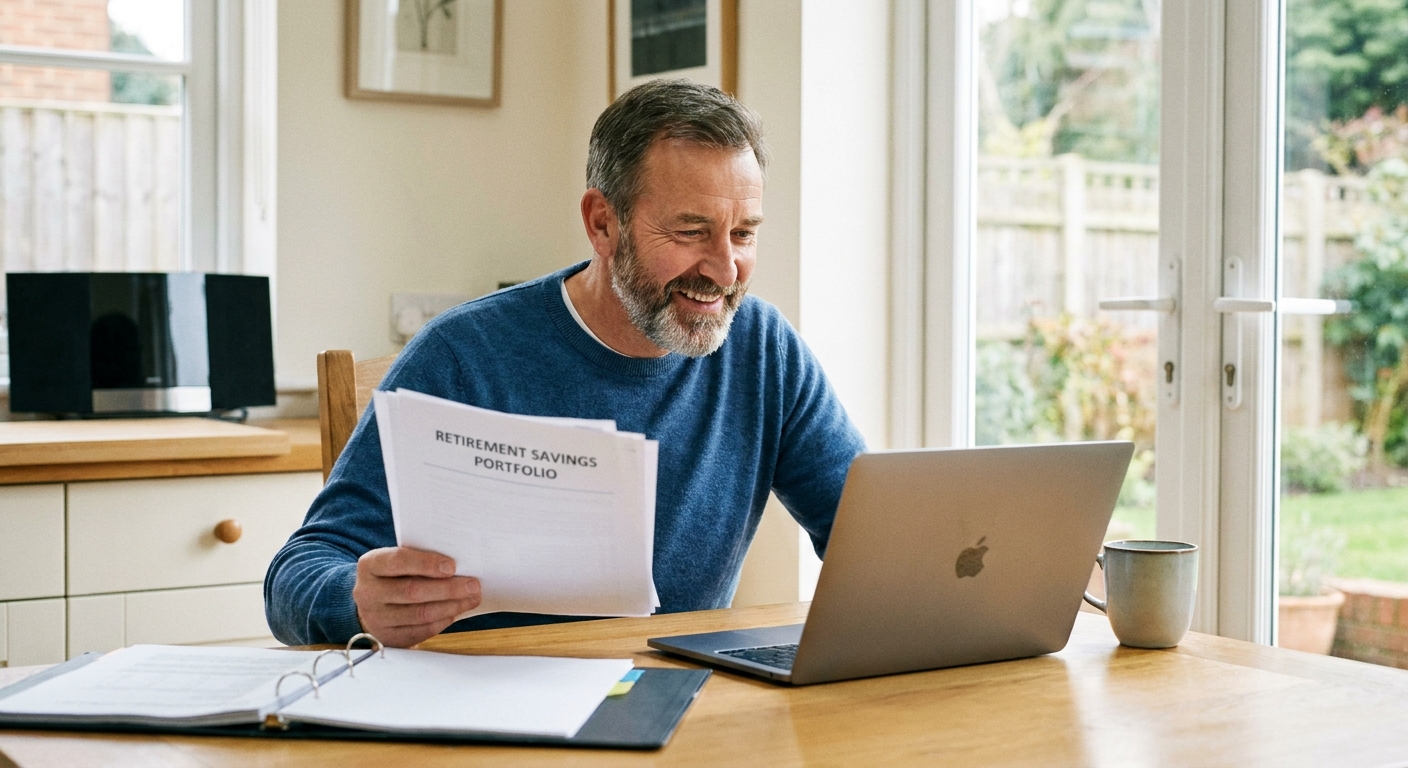 A person sitting at a desk looking at a laptop while holding retirement account paperwork, realistic photography