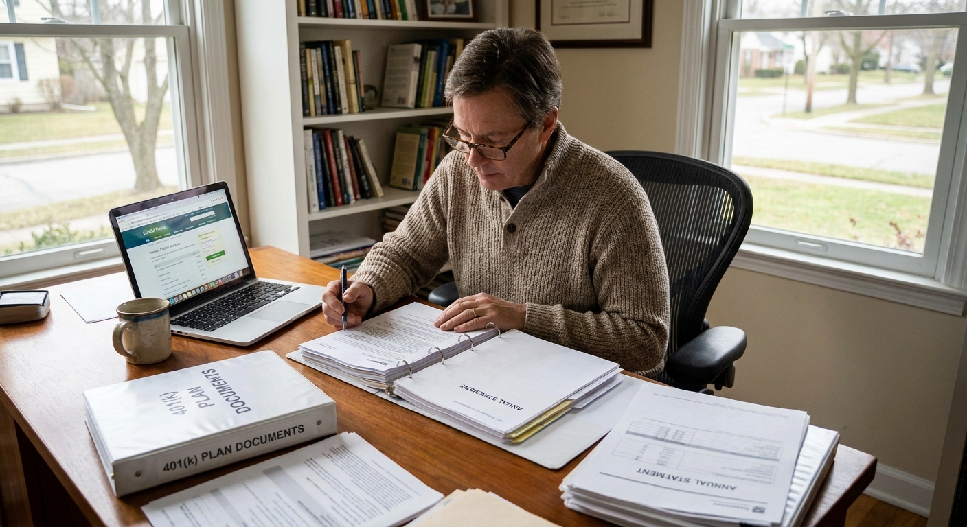 A person sitting at a desk reviewing printed 401(k) plan paperwork with a laptop and a pen in a quiet office, realistic photography