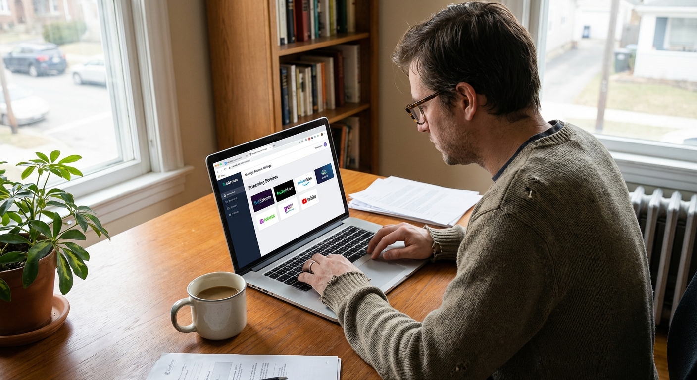 A person sitting at a desk using a laptop to manage streaming service account settings, realistic indoor photo