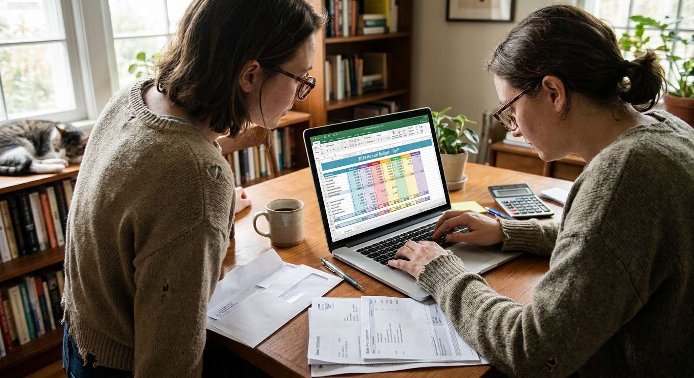 A person sitting at a desk using a laptop with a budgeting spreadsheet open while reviewing bank statements, realistic home office photo