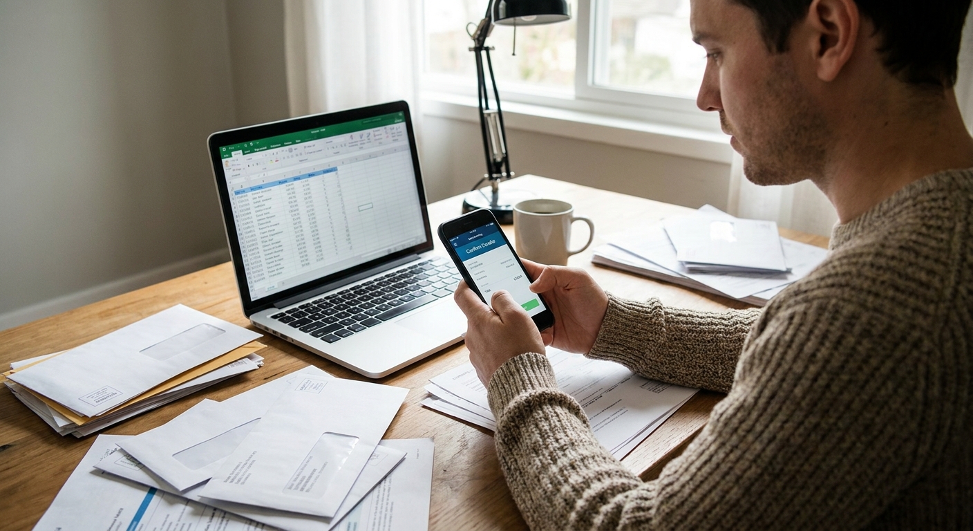 A person sitting at a desk using a mobile banking app to initiate a transfer, laptop and paperwork nearby, realistic photo