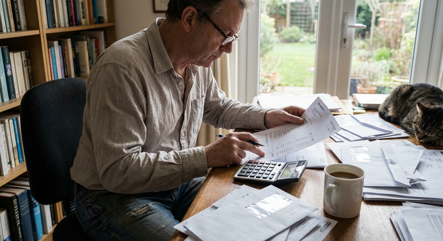 A person sitting at a desk with printed bank statements, a calculator, and a pen, reviewing expenses in a quiet home office, realistic photo