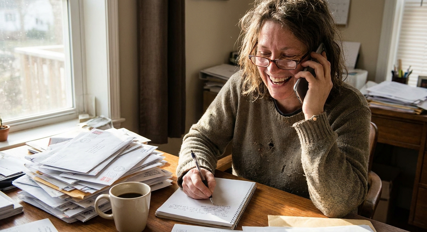 A person sitting at a desk writing notes on a notepad while talking on a phone next to a stack of unopened mail, realistic photo