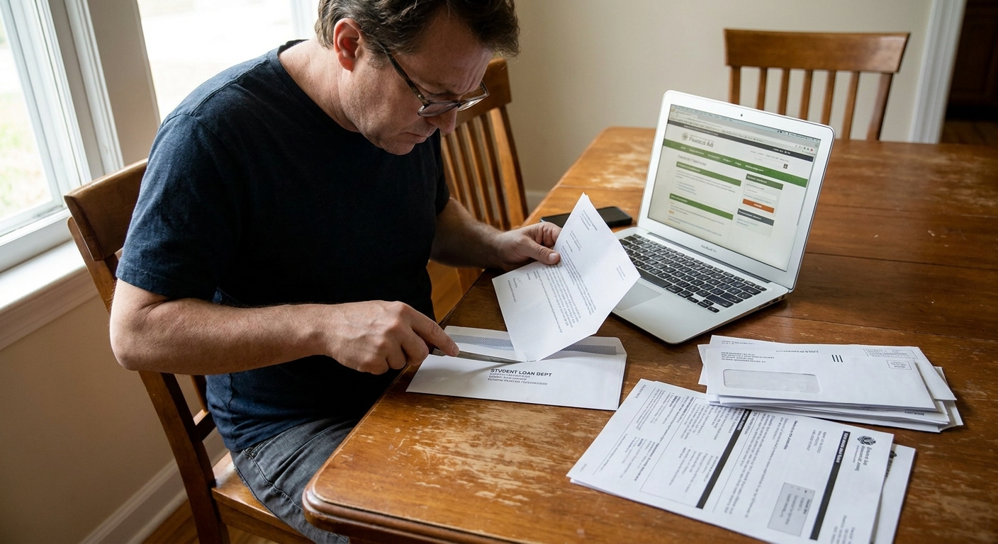 A person sitting at a dining table carefully opening and reading student loan mail with a laptop nearby, realistic photo