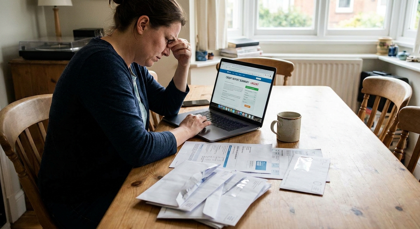 A person sitting at a dining table looking concerned while reviewing a credit report page on a laptop screen, with papers and a mug nearby, real photography style