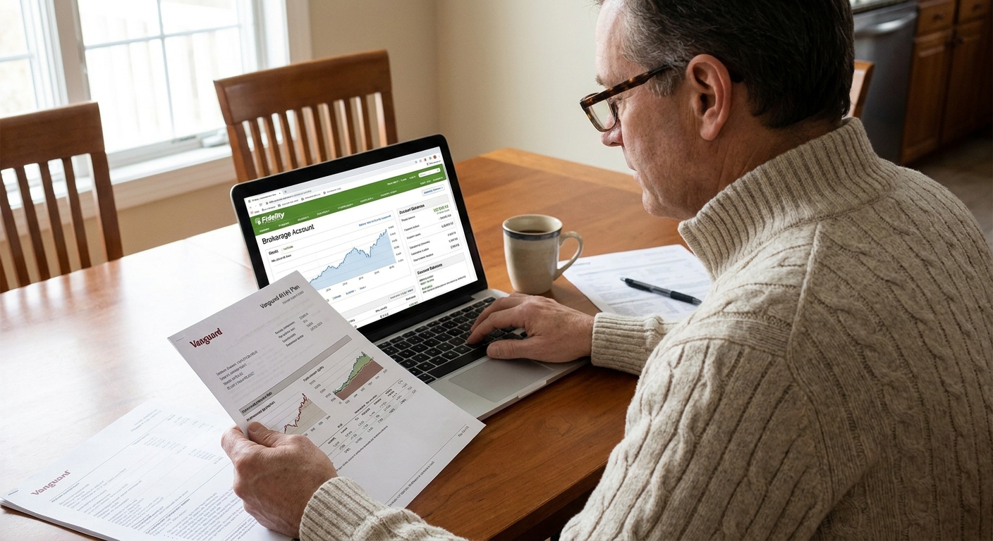 A person sitting at a dining table reviewing a 401(k) account statement on paper while logged into a brokerage account on a laptop