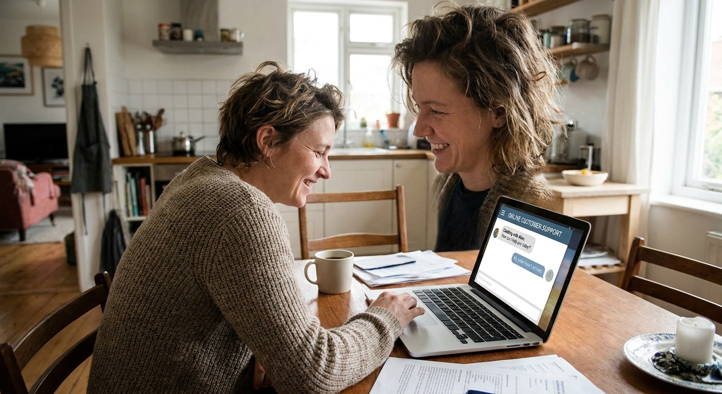 A person sitting at a dining table using a laptop with an online customer support chat open, realistic photo