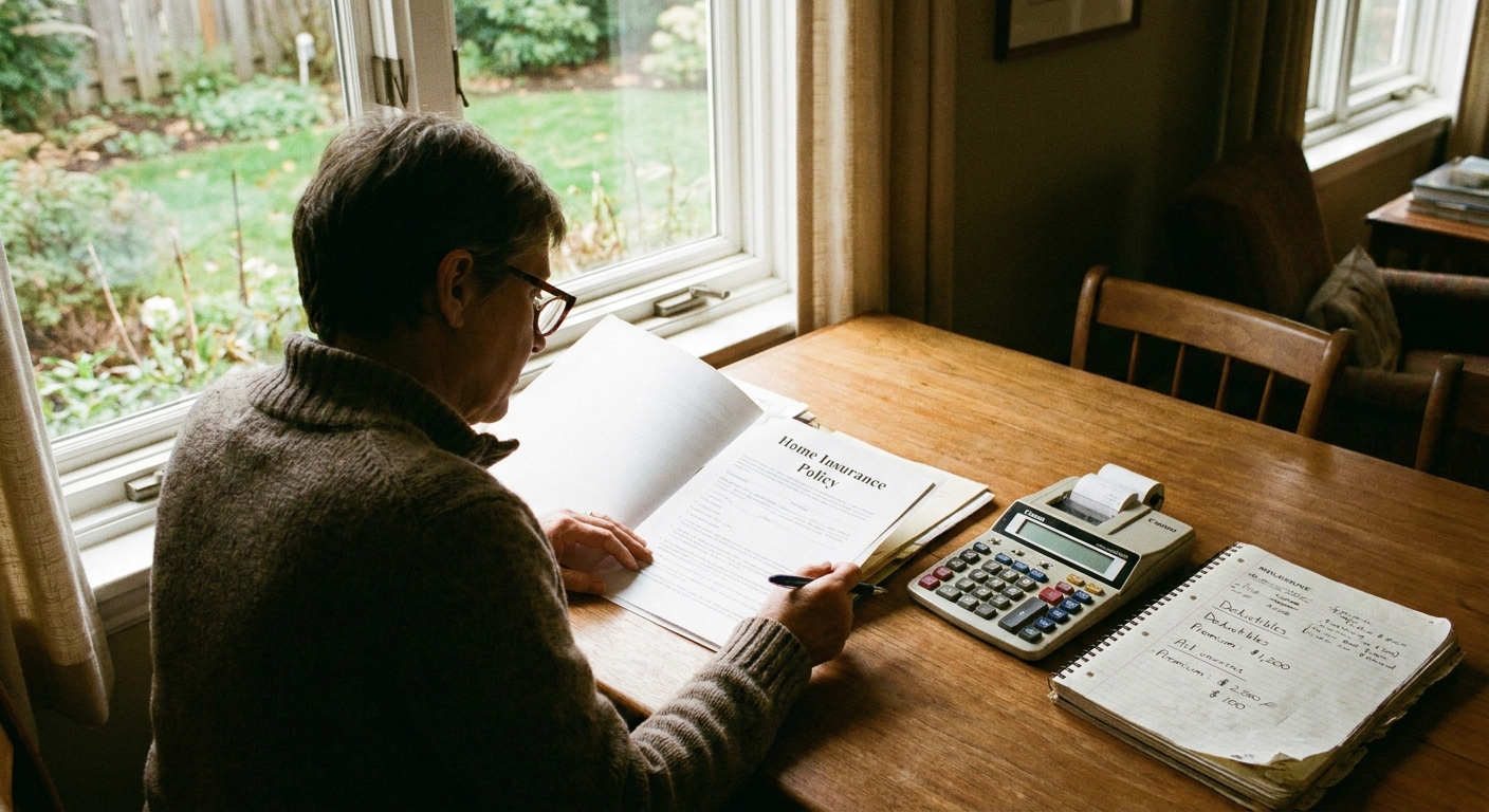 A person sitting at a home office desk reviewing an insurance policy document next to a calculator and a notebook, natural window light, real photo style