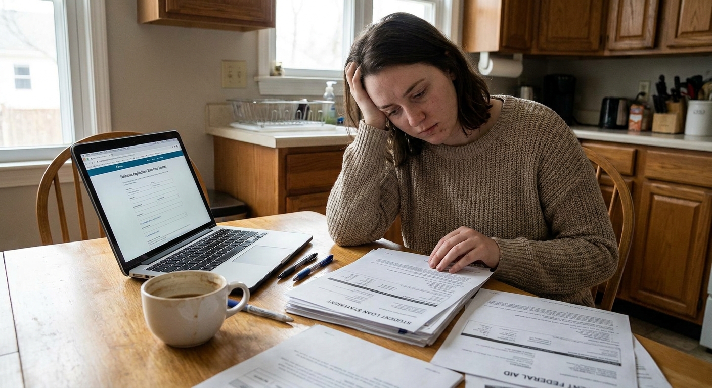 A person sitting at a kitchen table at home reviewing student loan paperwork and a laptop screen with a refinance application open, natural light, real photo