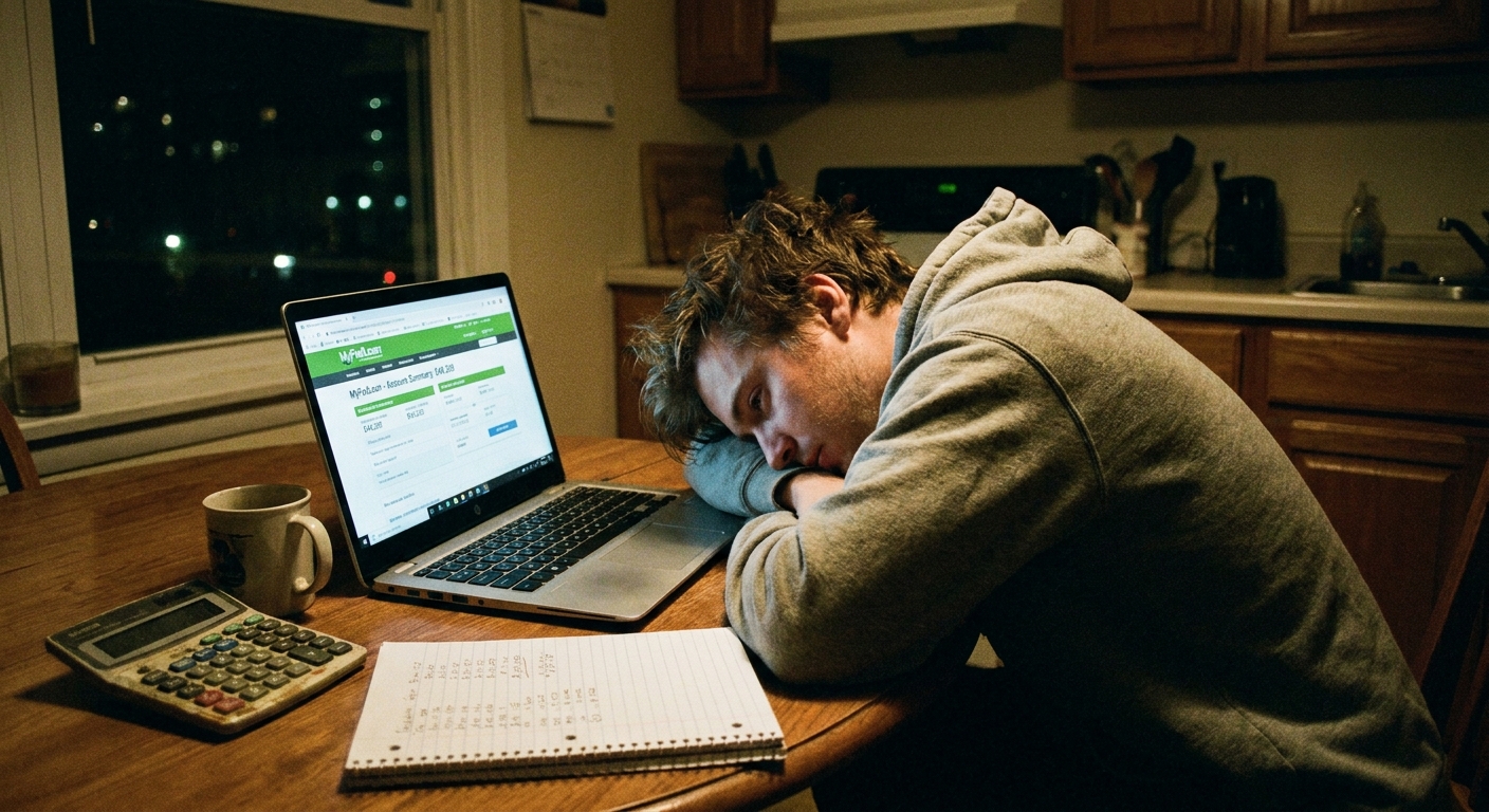 A person sitting at a kitchen table at night looking at a laptop student loan account page with a calculator and notebook nearby, real photography style