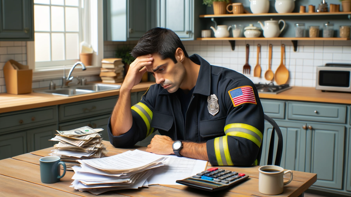 A person sitting at a kitchen table cutting up a credit card with scissors, tense mood, realistic home photo