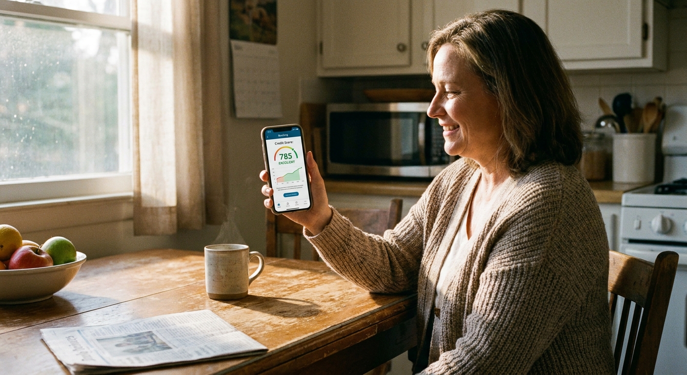 A person sitting at a kitchen table holding a smartphone open to a credit score screen, natural morning light, realistic photography style