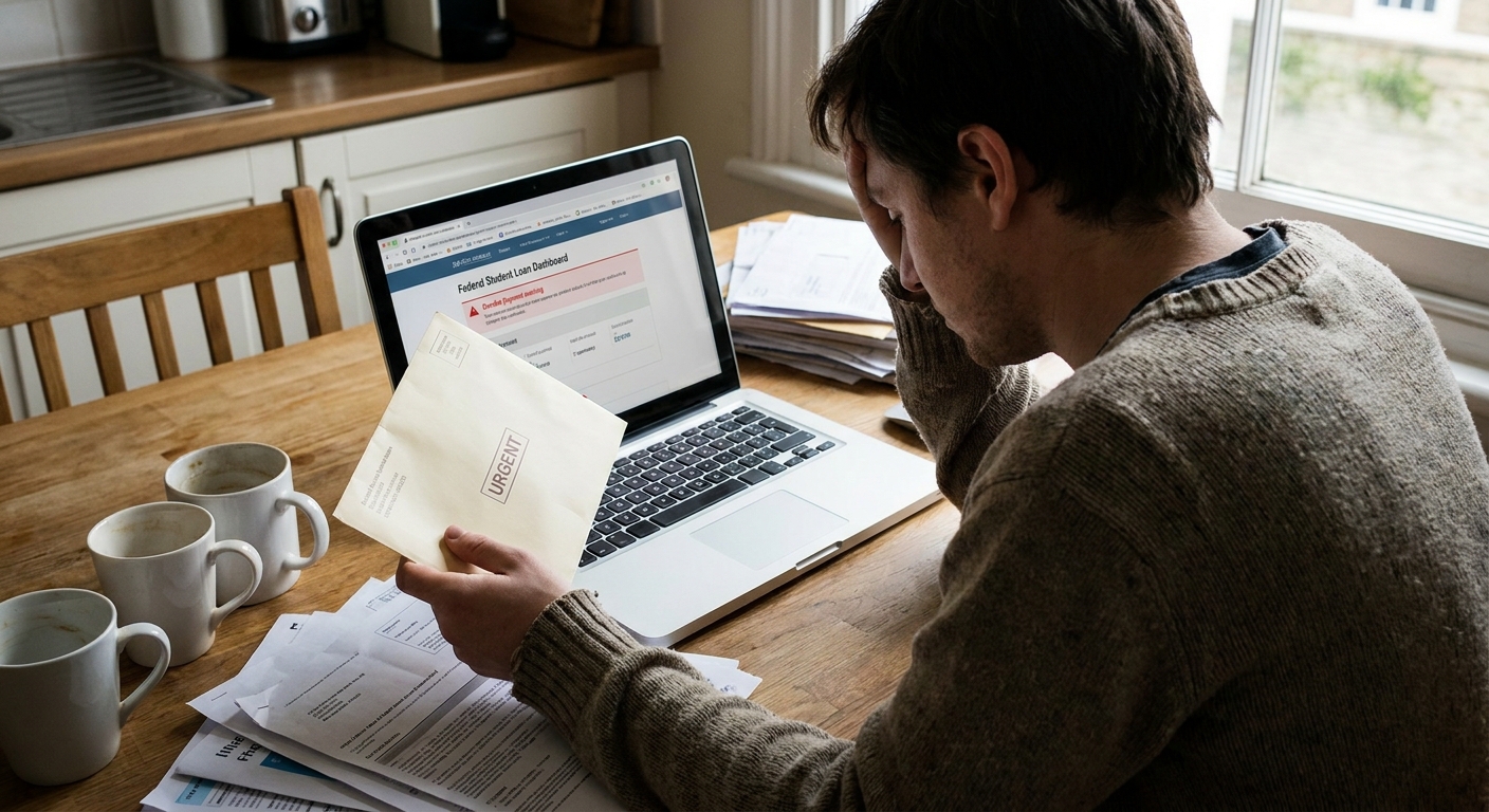 A person sitting at a kitchen table holding an unopened bill and a laptop showing a student loan account page, natural window light, realistic photography style