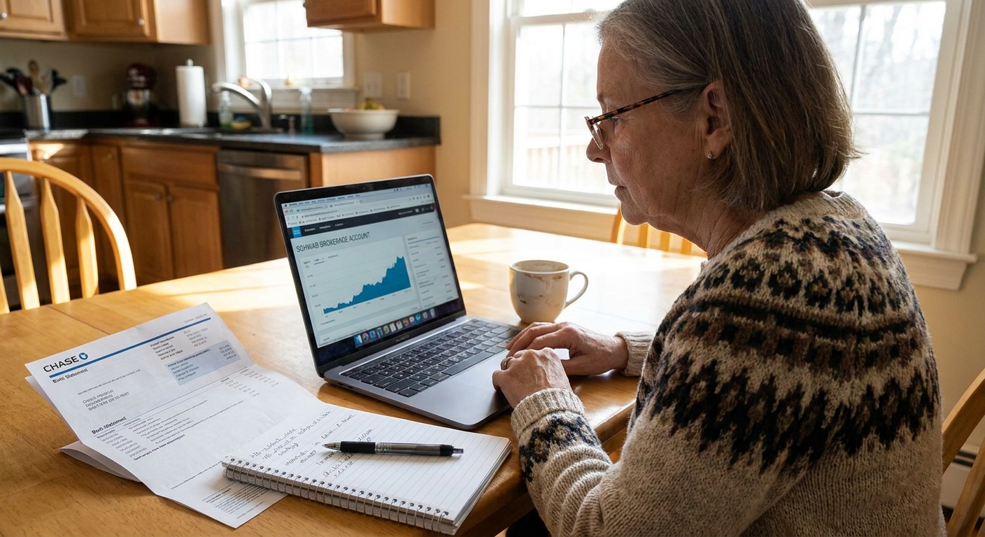A person sitting at a kitchen table in daylight, looking at a laptop with a brokerage account open while a paper bank statement and a notebook sit nearby, realistic photography