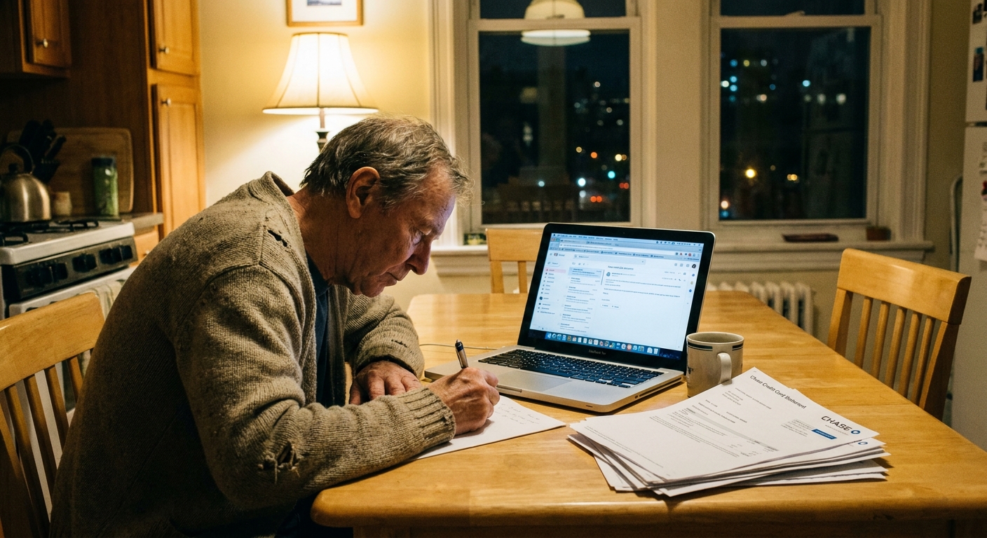 A person sitting at a kitchen table in the evening, writing a letter with a laptop open and a credit card statement nearby, realistic photography style