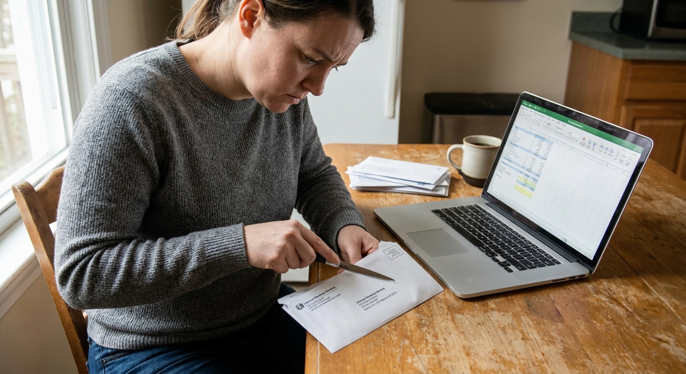 A person sitting at a kitchen table opening a letter from the IRS, with a laptop and a small stack of unopened mail nearby, realistic photo