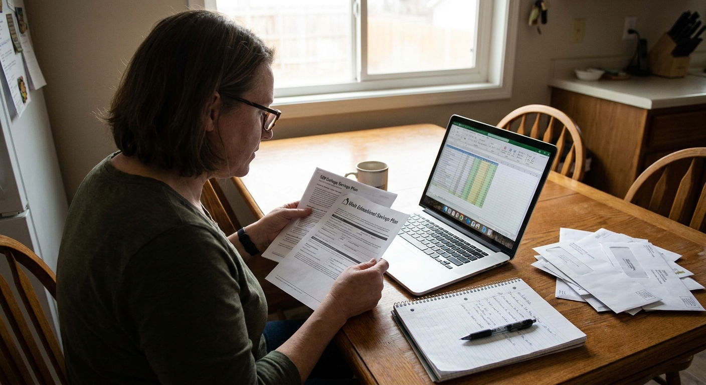 A person sitting at a kitchen table reviewing 529 plan paperwork next to a laptop and a notepad, natural indoor light, realistic photography