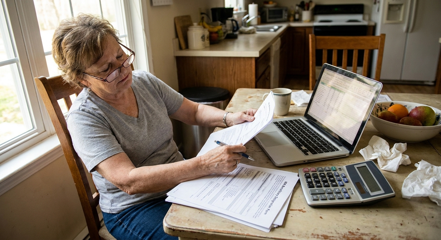 A person sitting at a kitchen table reviewing IRA beneficiary paperwork with a laptop and a calculator, candid real-life photo