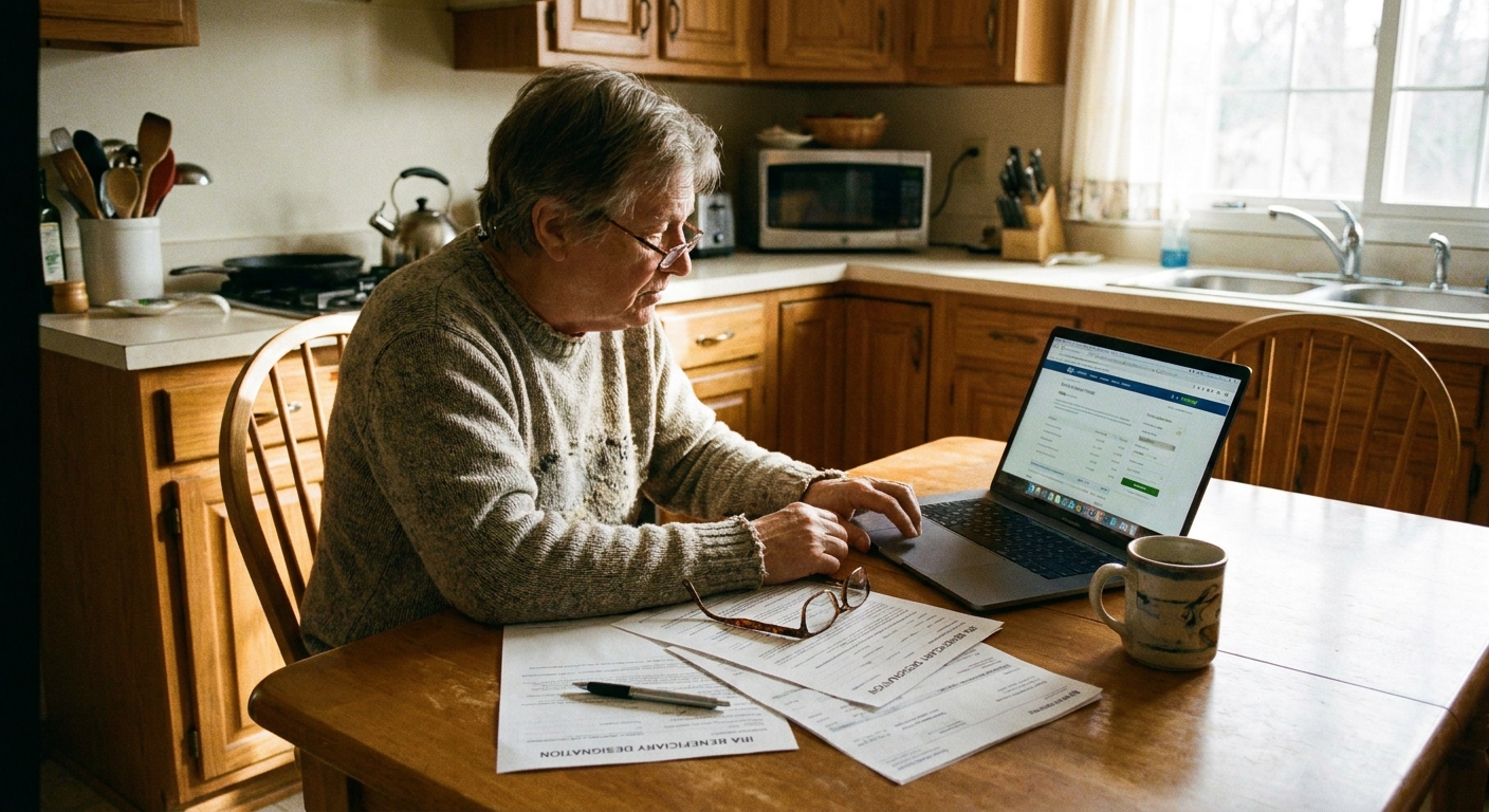 A person sitting at a kitchen table reviewing IRA beneficiary paperwork and account statements with a laptop and a cup of coffee, natural light, real photo