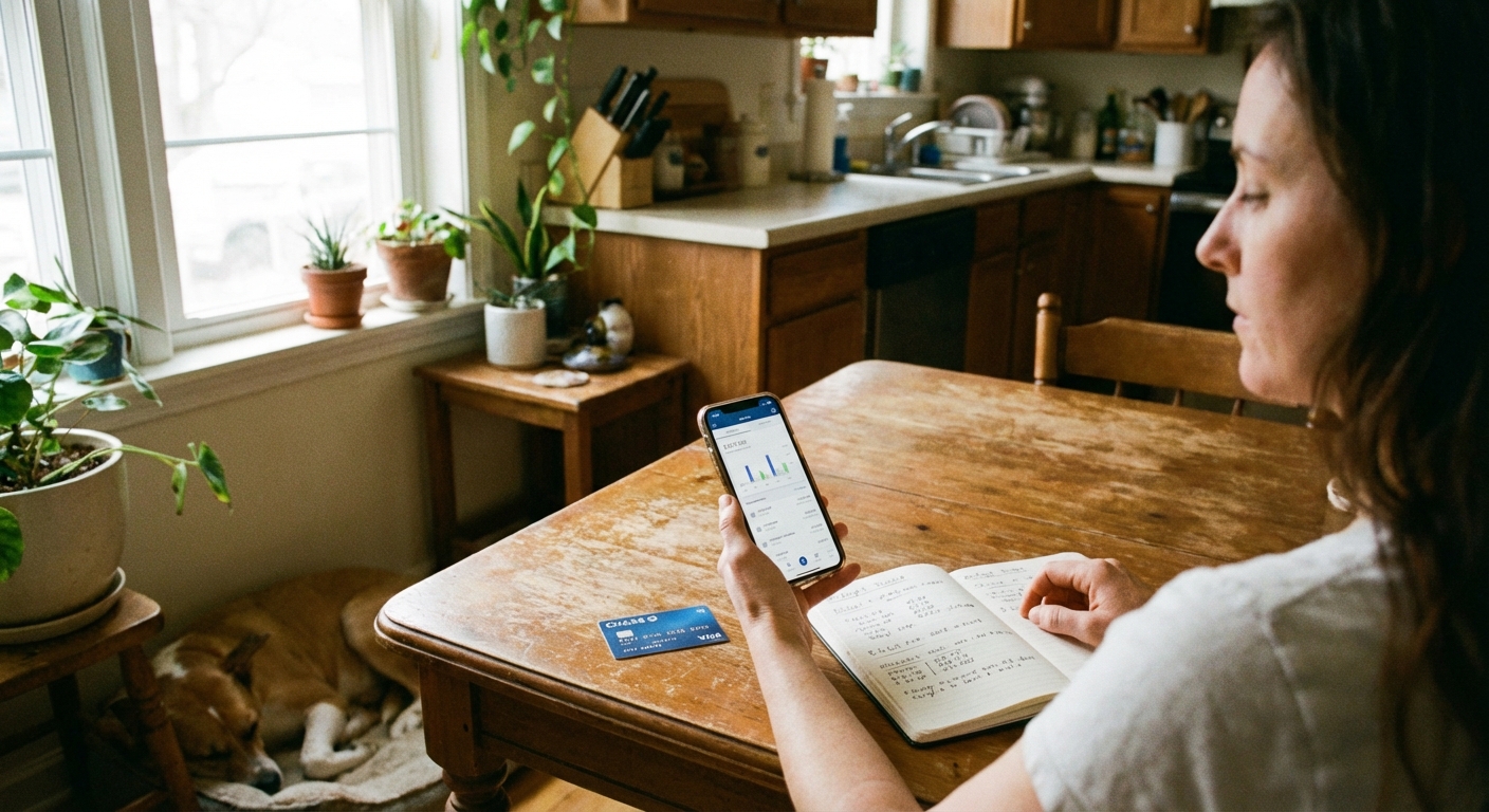 A person sitting at a kitchen table reviewing a bank app on a smartphone next to a debit card and a notebook, natural home lighting