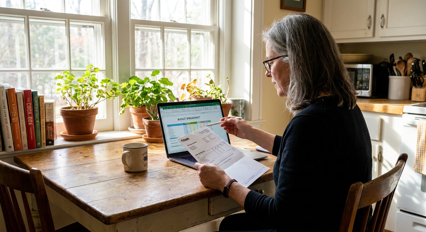 A person sitting at a kitchen table reviewing a brokerage statement and a laptop budget spreadsheet in a bright home kitchen, realistic photo
