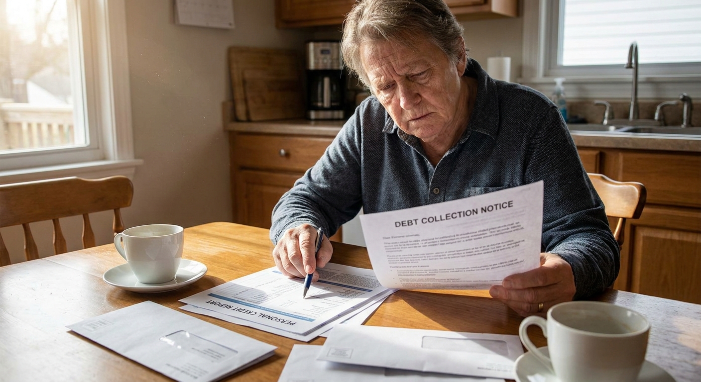 A person sitting at a kitchen table reviewing a debt collection letter and a credit report printout, natural indoor lighting, realistic photo