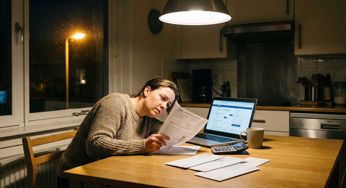 A person sitting at a kitchen table reviewing a student loan interest tax form and a laptop, evening indoor light, realistic photo