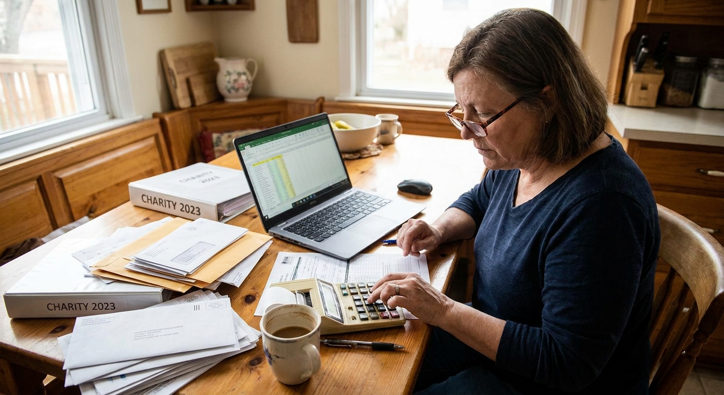 A person sitting at a kitchen table reviewing charity donation paperwork with a laptop and a calculator, candid personal finance photo