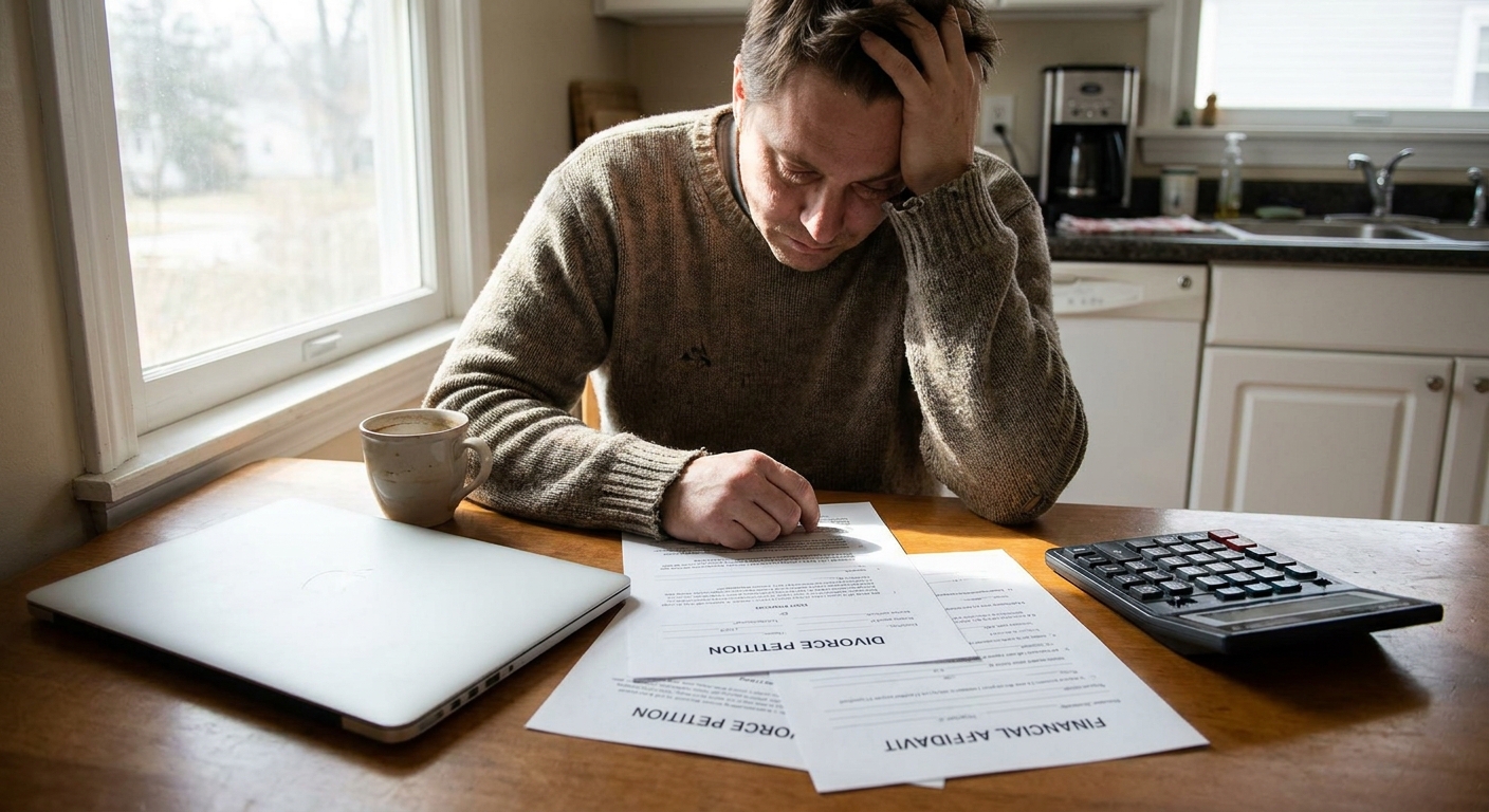 A person sitting at a kitchen table reviewing divorce paperwork next to a closed laptop and a calculator, natural window light, realistic photo
