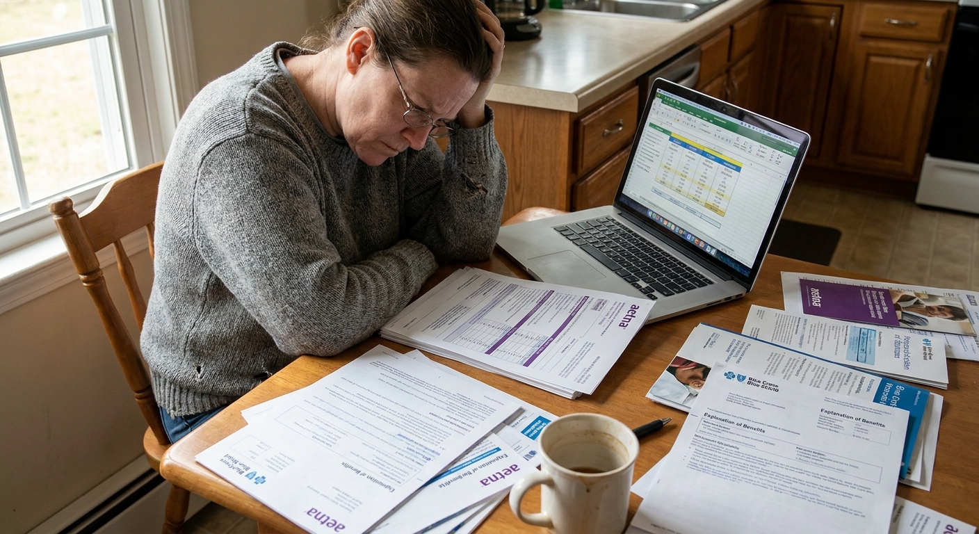 A person sitting at a kitchen table reviewing health insurance plan documents with a laptop open, real-life candid photo style