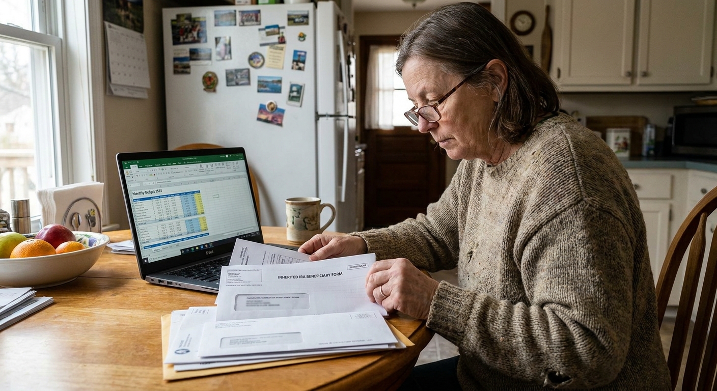 A person sitting at a kitchen table reviewing inherited IRA paperwork and a laptop budget spreadsheet, realistic home setting