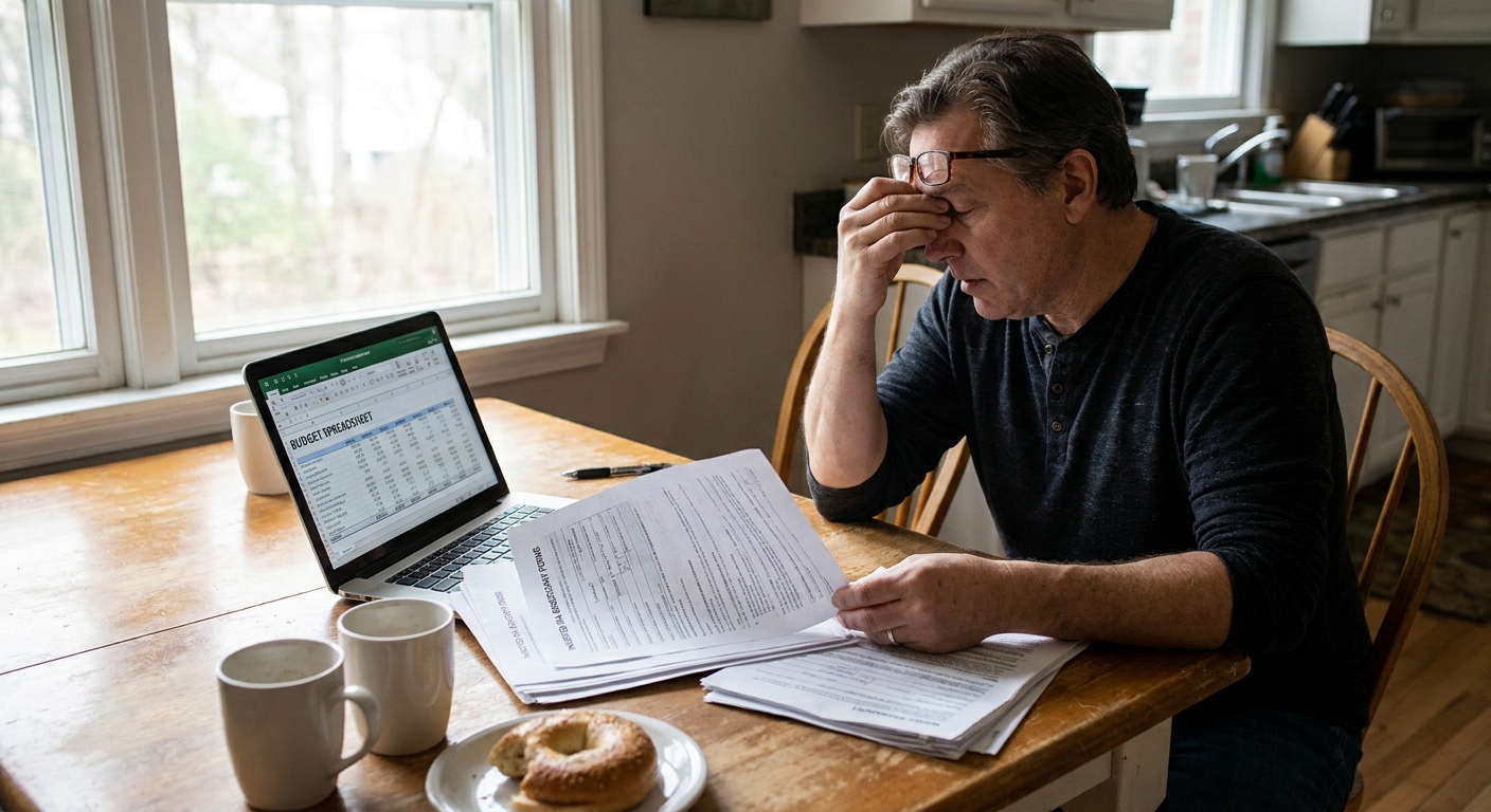 A person sitting at a kitchen table reviewing inherited IRA paperwork and a laptop budget spreadsheet, natural window light, realistic photography style