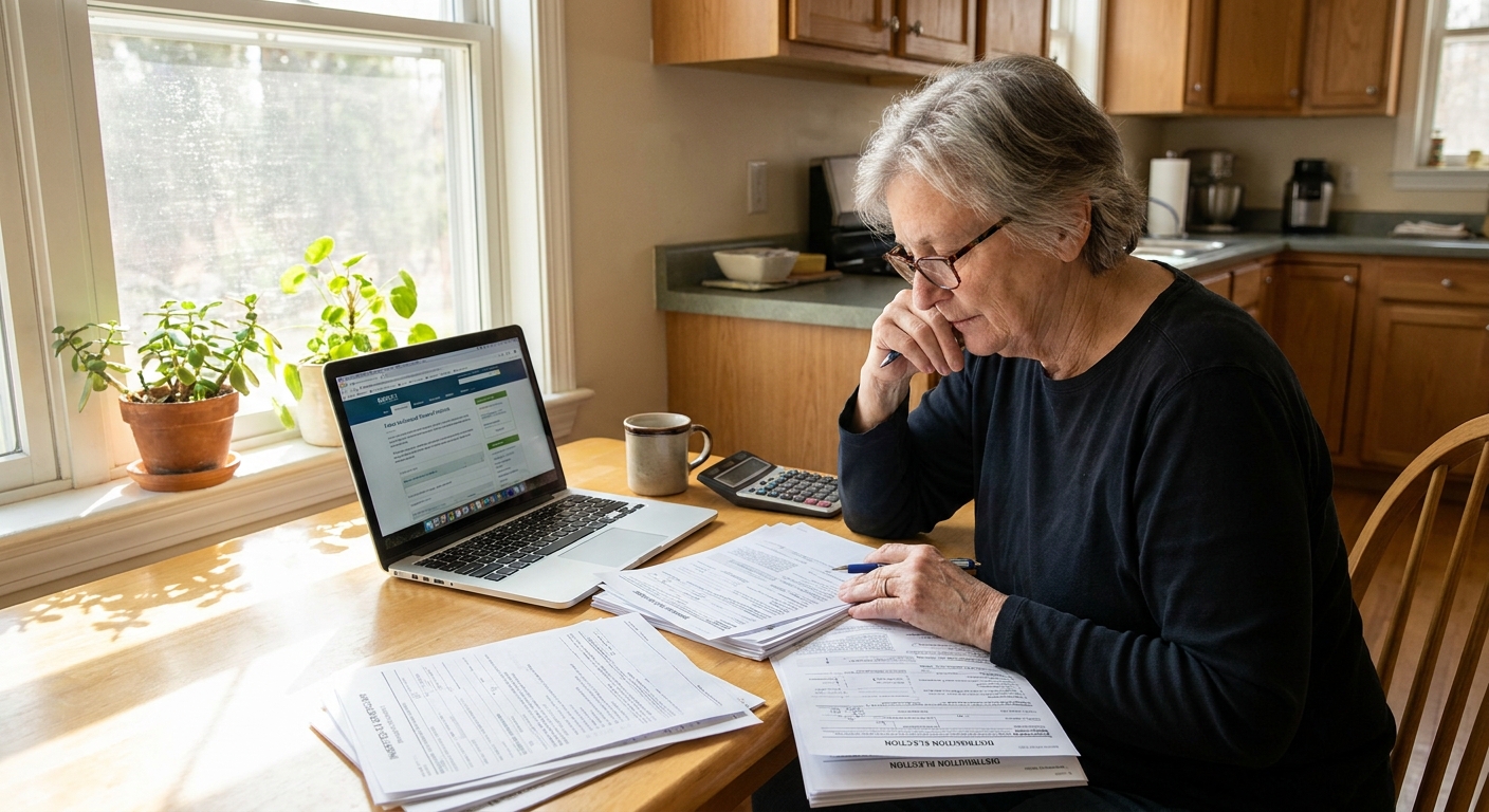 A person sitting at a kitchen table reviewing inherited IRA beneficiary paperwork with a laptop and a calculator, natural window light, real-life photo