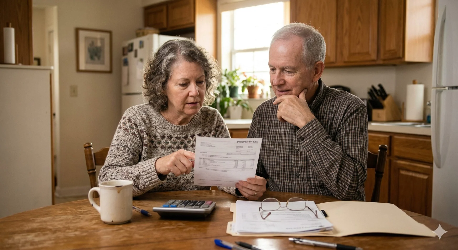A person sitting at a kitchen table reviewing loan documents next to a calculator and a laptop, natural window light, real photo