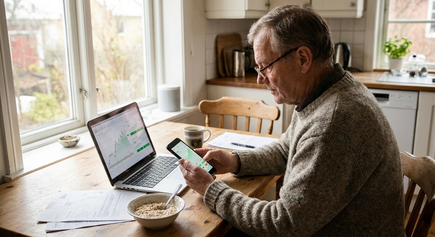 A person sitting at a kitchen table reviewing stock holdings and recent trades on a smartphone next to a laptop, natural morning light, real photo style