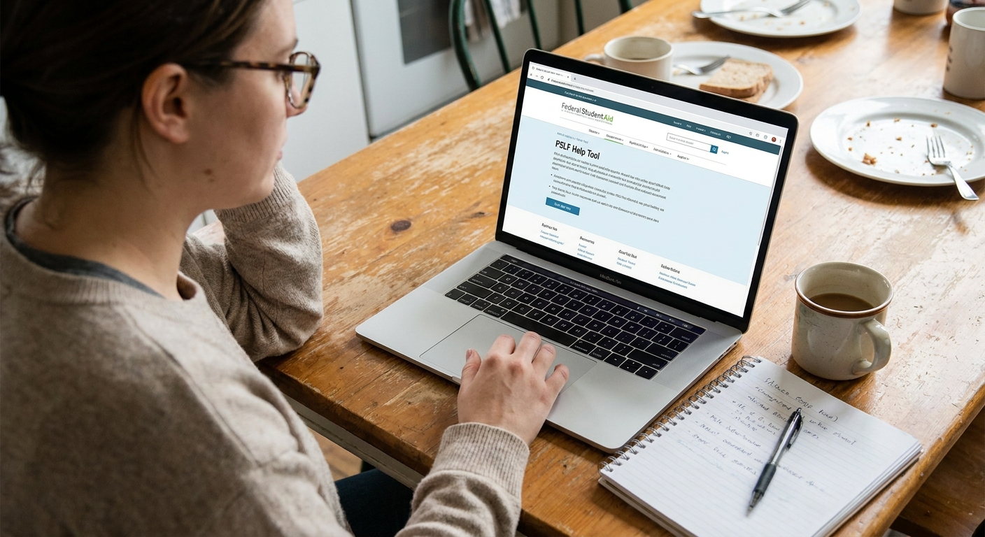 A person sitting at a kitchen table using a laptop to complete the Federal Student Aid PSLF Help Tool, with a notebook and a cup of coffee nearby, realistic photo