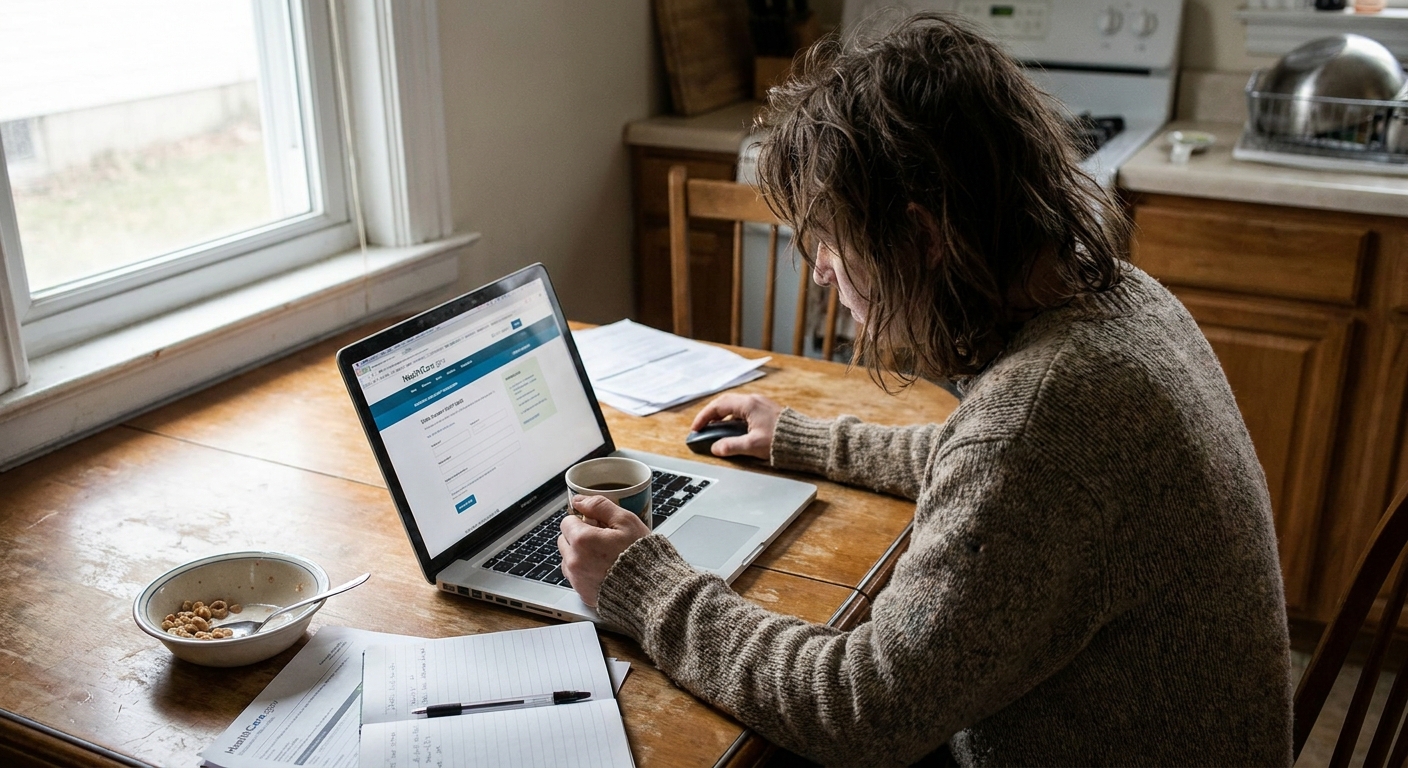 A person sitting at a kitchen table using a laptop to review a HealthCare.gov Marketplace health plan application, natural home lighting, realistic photo
