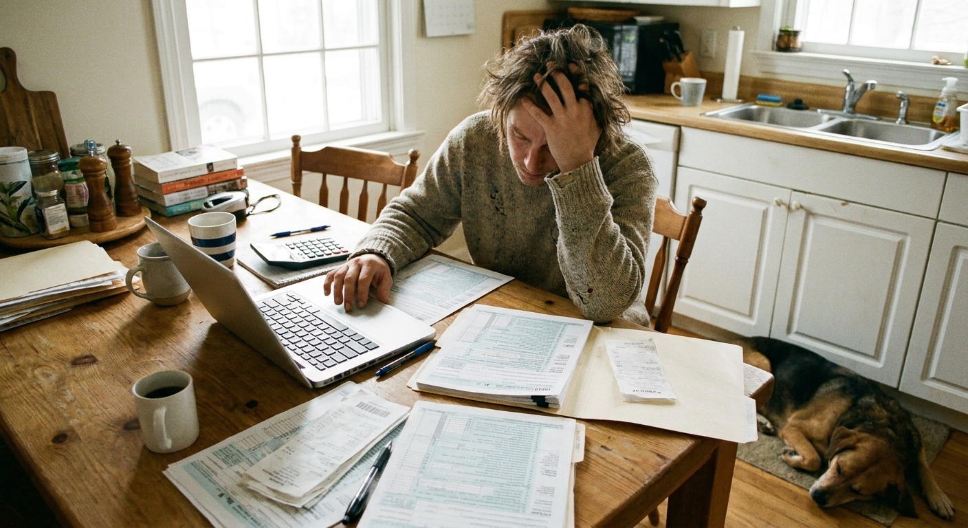A person sitting at a kitchen table using a laptop and calculator with tax papers spread out, realistic home setting photography style