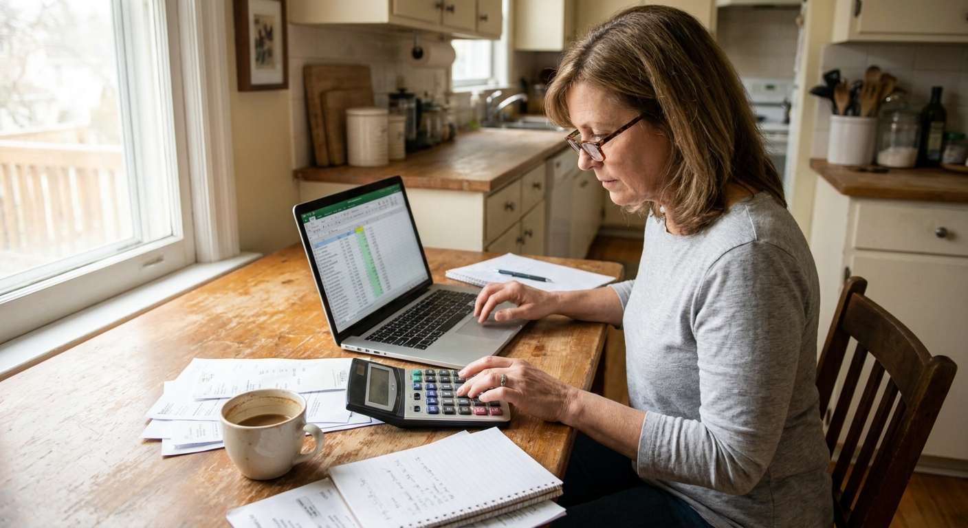 A person sitting at a kitchen table using a laptop and calculator with a cup of coffee nearby, reviewing personal finances