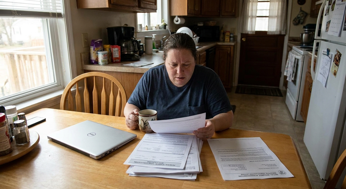 A person sitting at a kitchen table with a closed laptop, reviewing student loan documents and a benefits letter in natural window light, realistic photo