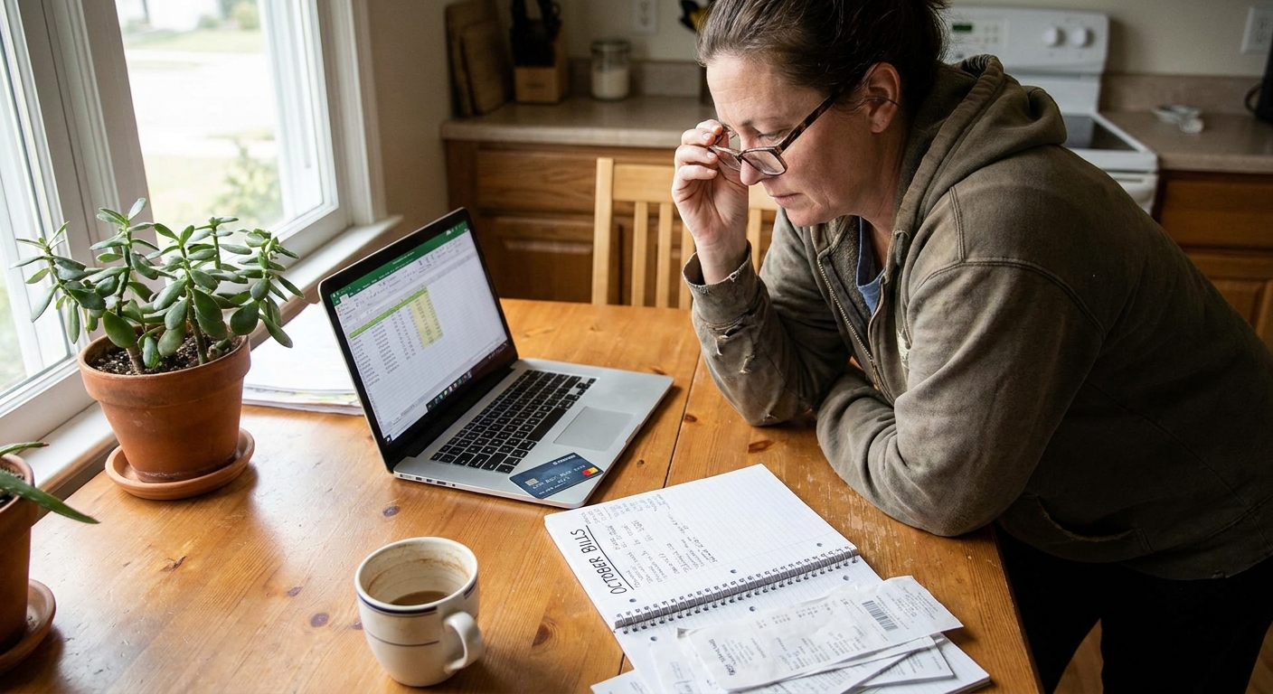 A person sitting at a kitchen table with a laptop, credit card, and a notebook of monthly bills, candid real-life photograph