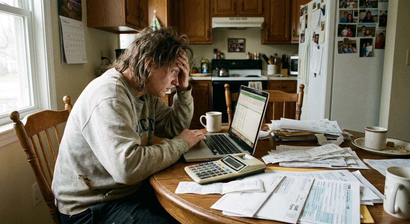 A person sitting at a kitchen table with a laptop, a calculator, and scattered tax documents, candid real-life photo