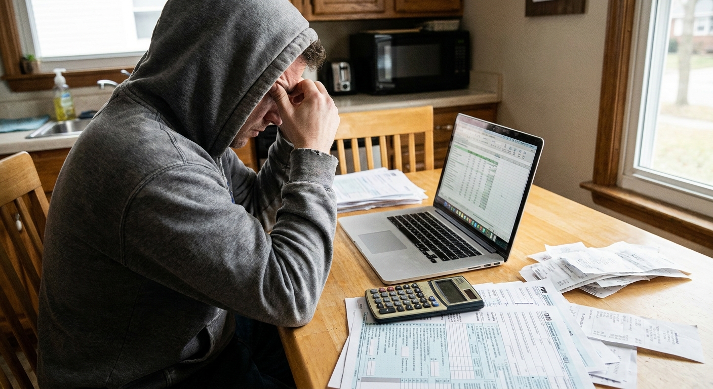 A person sitting at a kitchen table with a laptop, a calculator, and a stack of IRS tax forms spread out, candid real-life photo
